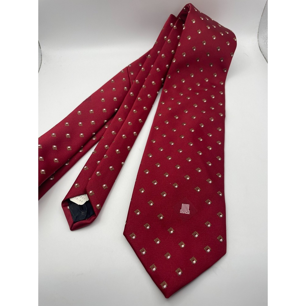 Lanvin Paris New York Men Silk Tie Burgundy Red Geometric Square Pattern JL Logo